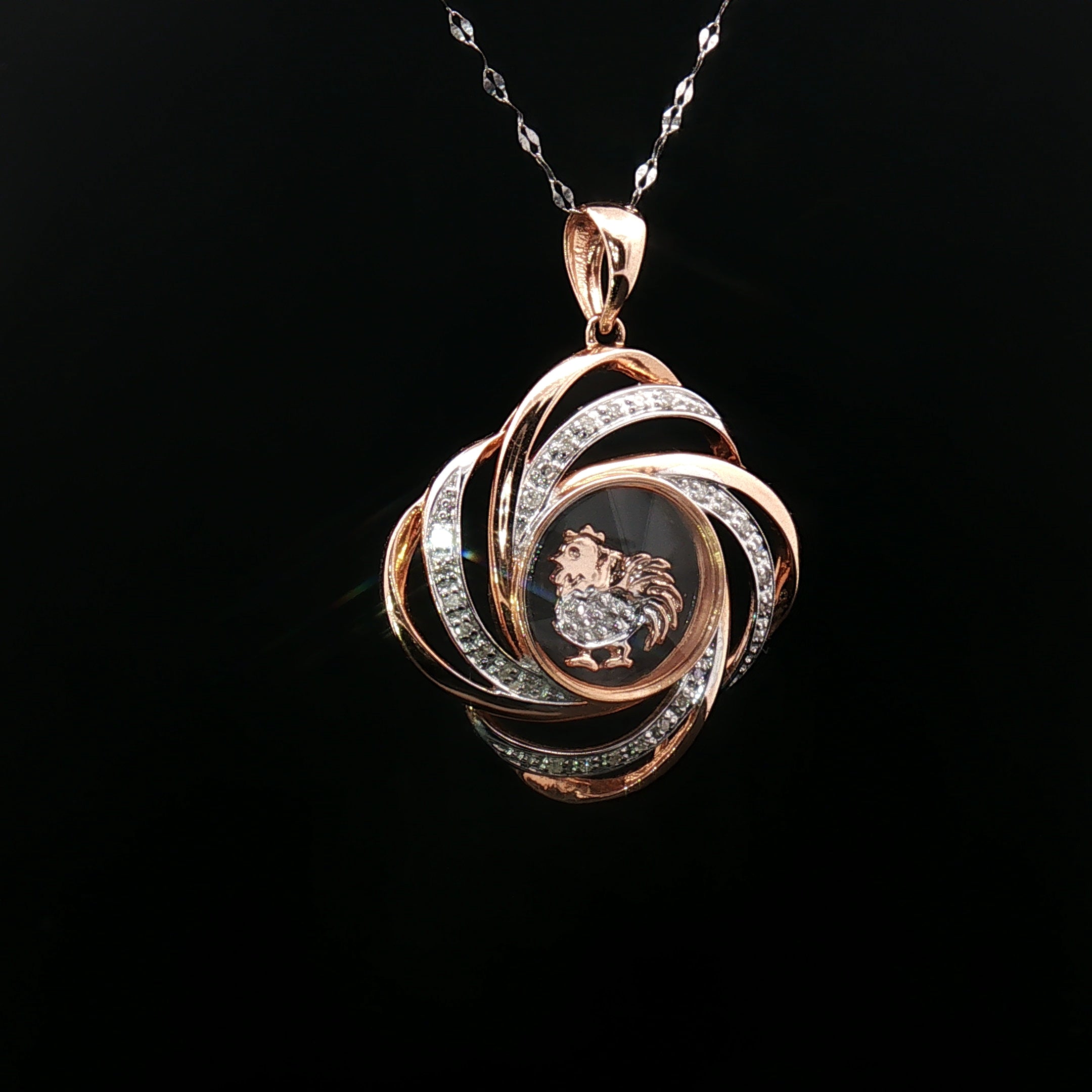 14k Rose & White Gold Rooster Windmill Pendant – 0.12ct Natural Round Brilliant Diamond Accents