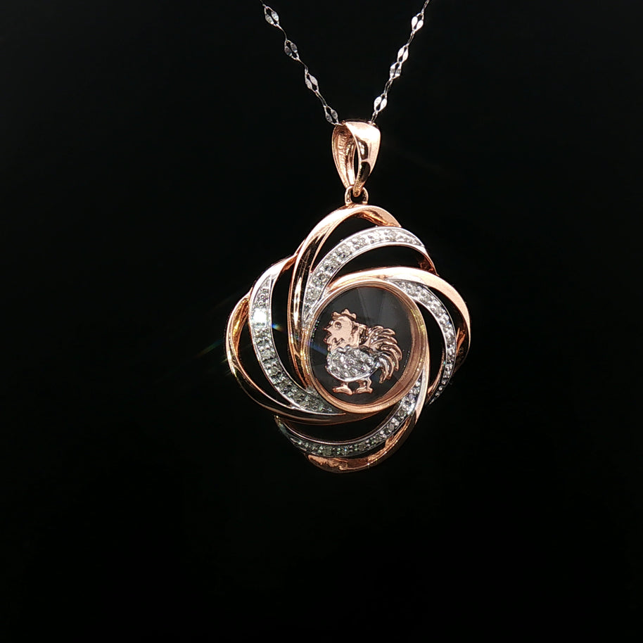 14k Rose & White Gold Rooster Windmill Pendant – 0.12ct Natural Round Brilliant Diamond Accents
