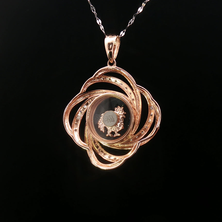 14k Rose & White Gold Rooster Windmill Pendant – 0.12ct Natural Round Brilliant Diamond Accents