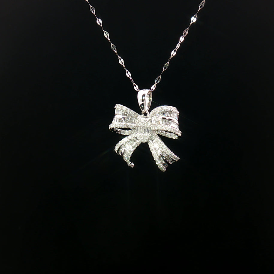18k White Gold Ribbon Diamond Pendant – 0.80ct Natural Baguette & Round Brilliant Diamonds