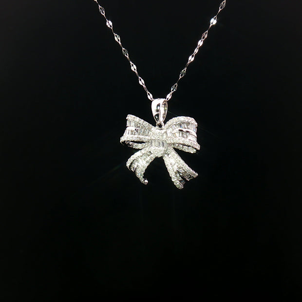 18k White Gold Ribbon Diamond Pendant – 0.80ct Natural Baguette & Round Brilliant Diamonds
