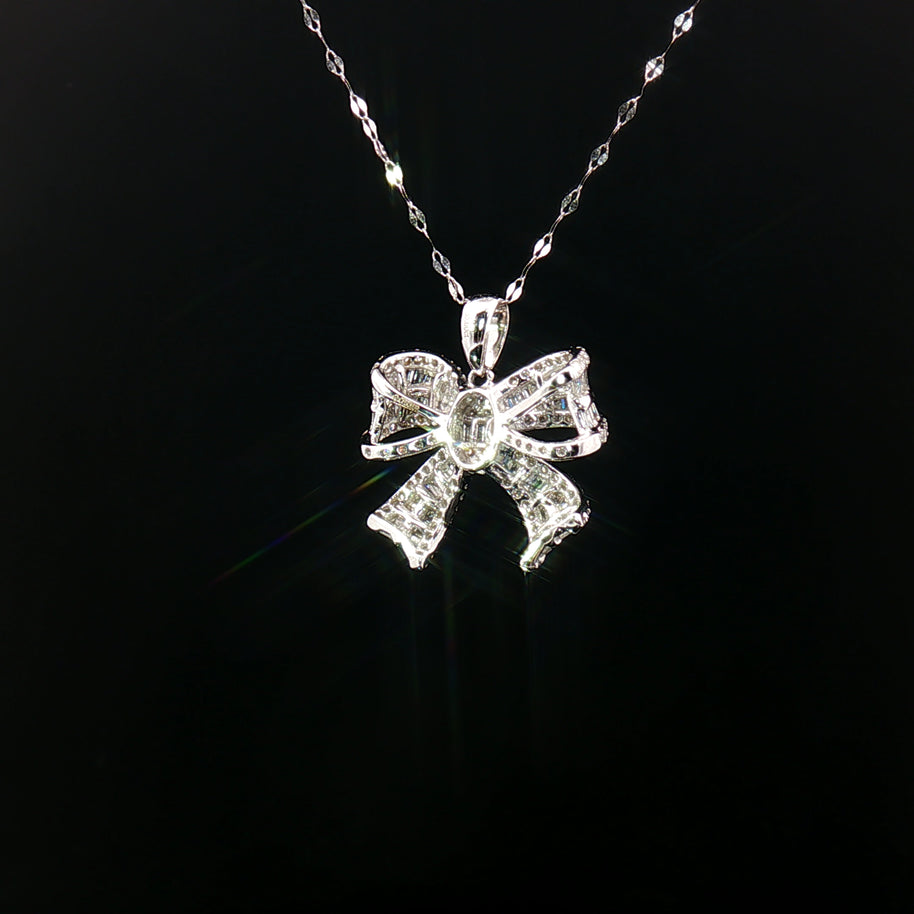 18k White Gold Ribbon Diamond Pendant – 0.80ct Natural Baguette & Round Brilliant Diamonds