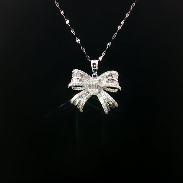 18k White Gold Ribbon Diamond Pendant – 0.80ct Natural Baguette & Round Brilliant Diamonds