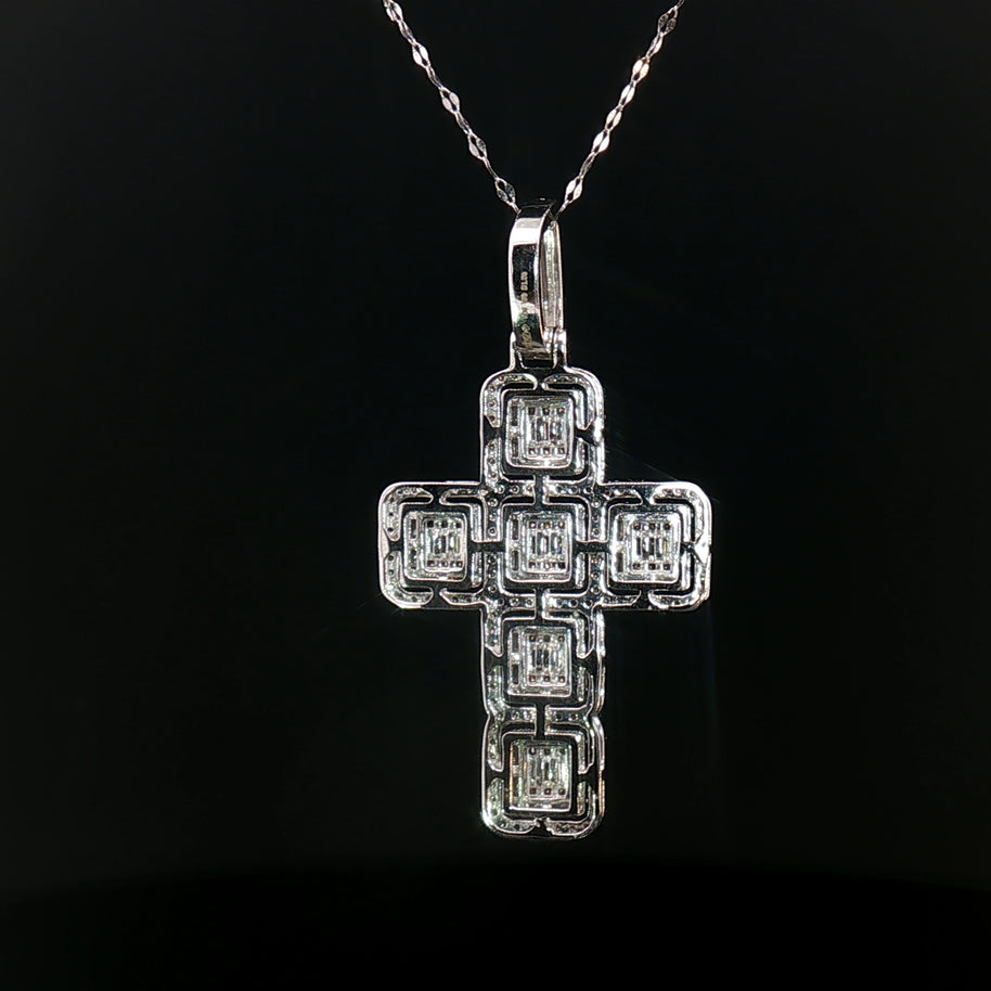 18k White Gold Diamond Cross Pendant – 1.30ct Natural Baguette & Round Brilliant Diamond Illusion Design