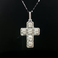 18k White Gold Diamond Cross Pendant – 1.30ct Natural Baguette & Round Brilliant Diamond Illusion Design