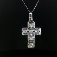 18k White Gold Diamond Cross Pendant – 1.30ct Natural Baguette & Round Brilliant Diamond Illusion Design