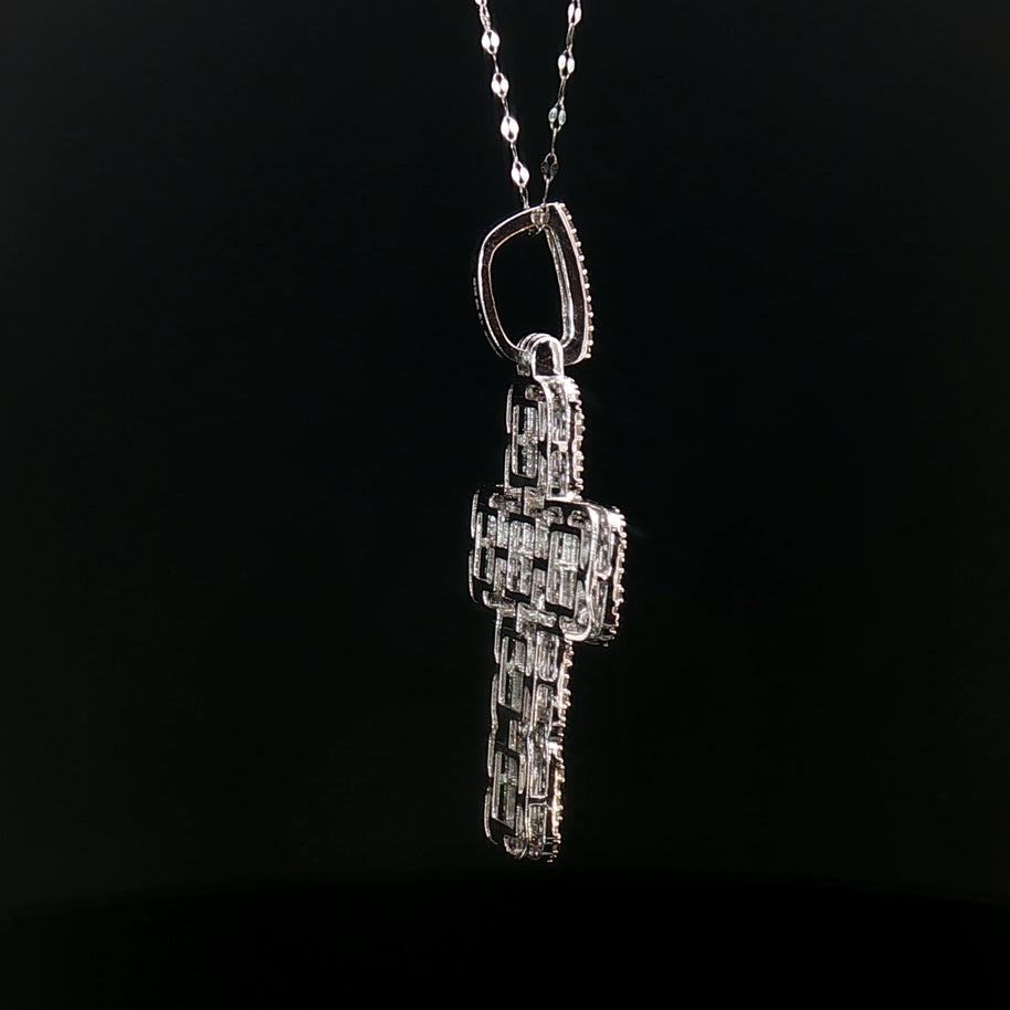 18k White Gold Diamond Cross Pendant – 1.30ct Natural Baguette & Round Brilliant Diamond Illusion Design