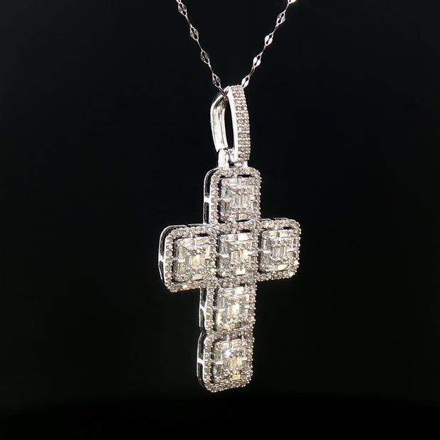 18k White Gold Diamond Cross Pendant – 1.30ct Natural Baguette & Round Brilliant Diamond Illusion Design