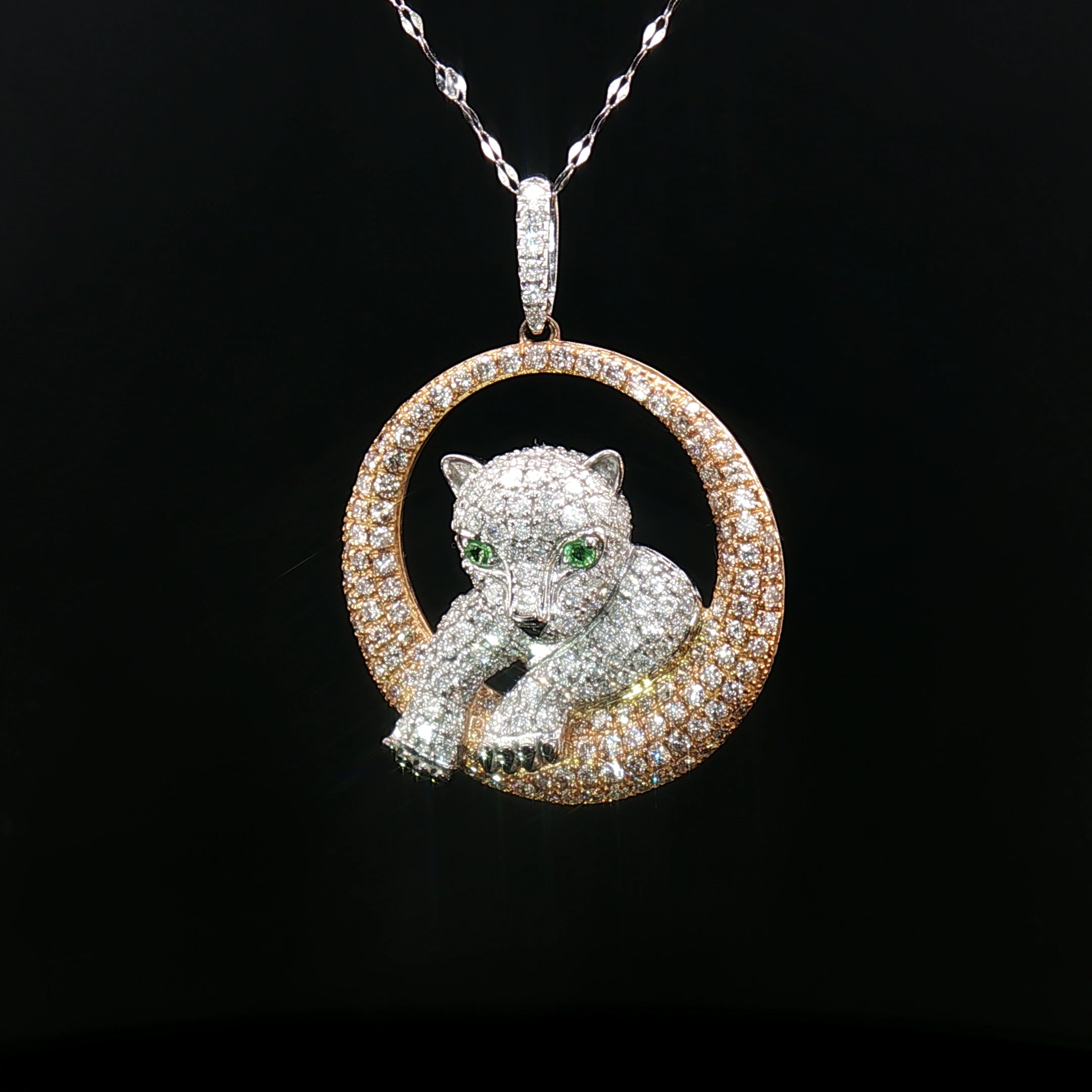 18k Rose & White Gold Baby Panther Pendant – 1.65ct Natural Diamonds with 0.04ct Green Garnet Eyes