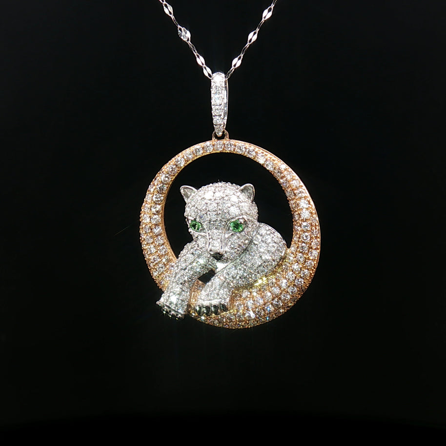 18k Rose & White Gold Baby Panther Pendant – 1.65ct Natural Diamonds with 0.04ct Green Garnet Eyes