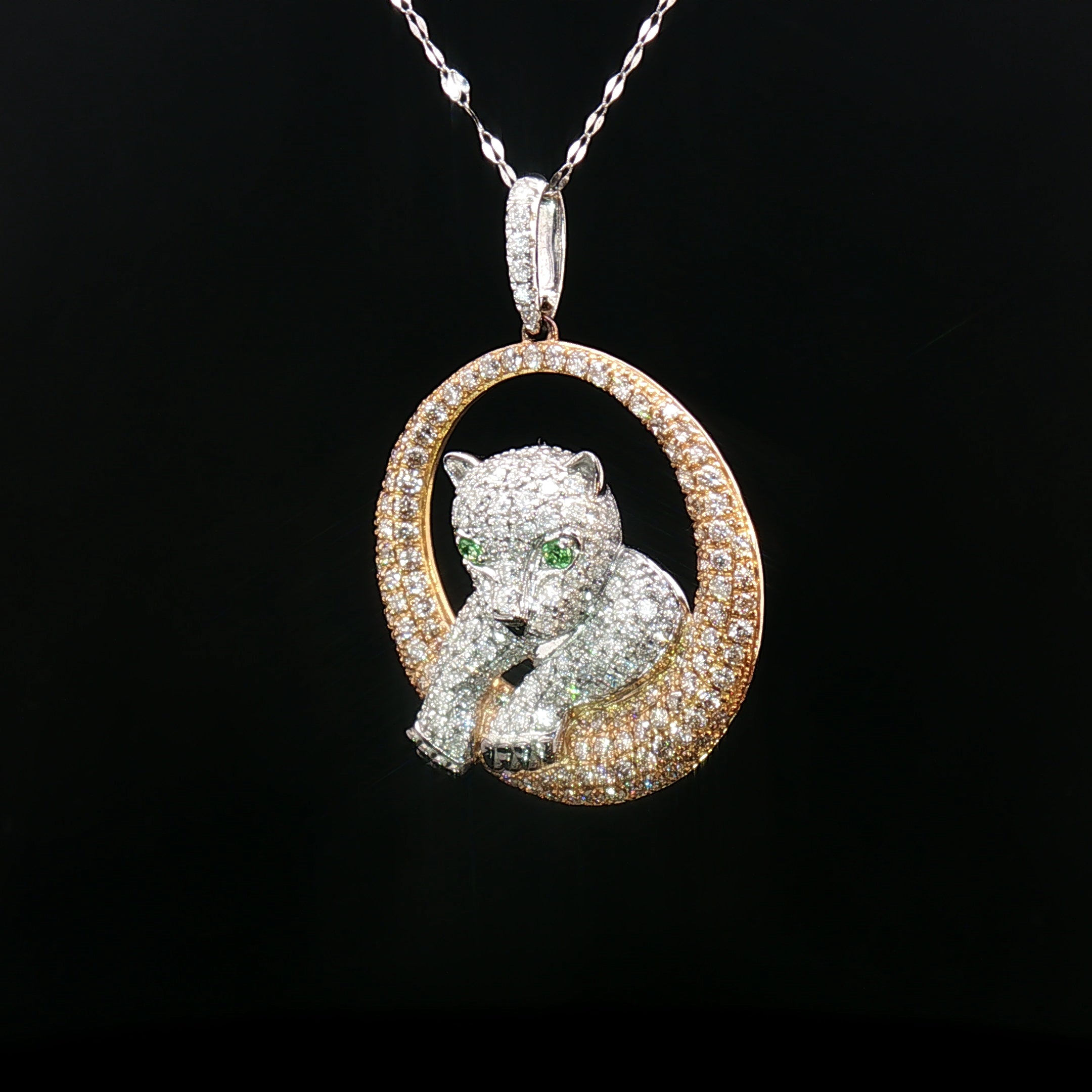 18k Rose & White Gold Baby Panther Pendant – 1.65ct Natural Diamonds with 0.04ct Green Garnet Eyes