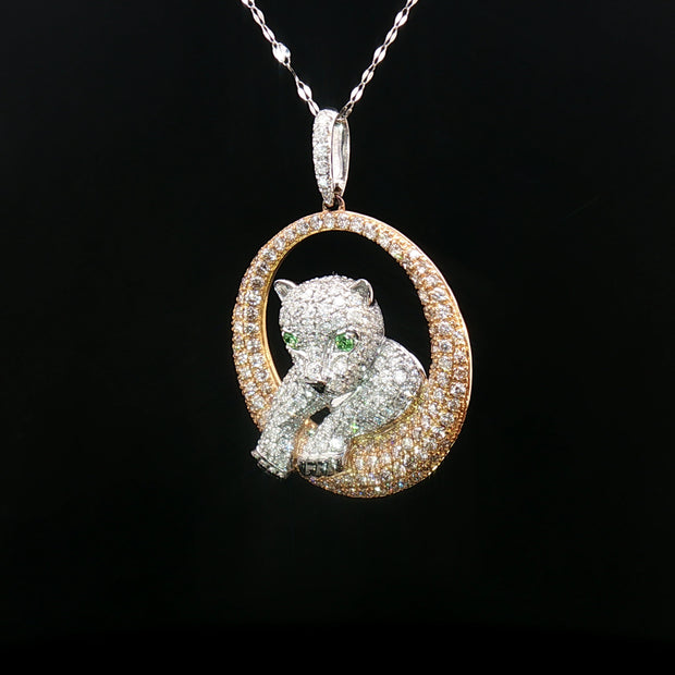 18k Rose & White Gold Baby Panther Pendant – 1.65ct Natural Diamonds with 0.04ct Green Garnet Eyes