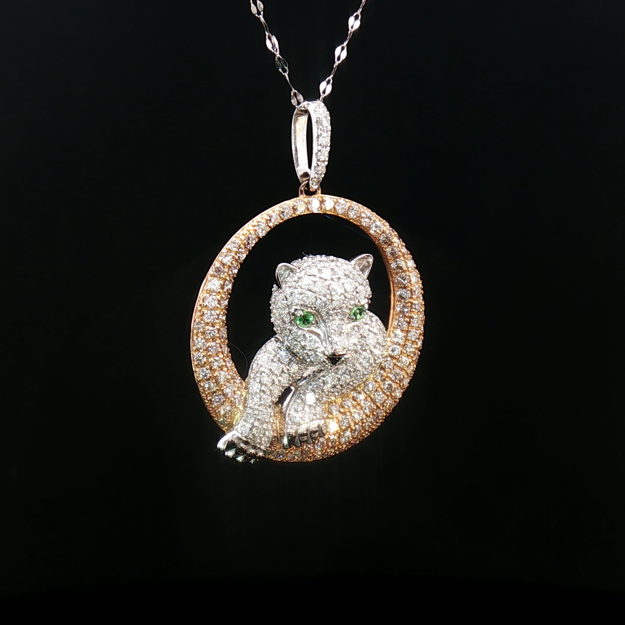 18k Rose & White Gold Baby Panther Pendant – 1.65ct Natural Diamonds with 0.04ct Green Garnet Eyes