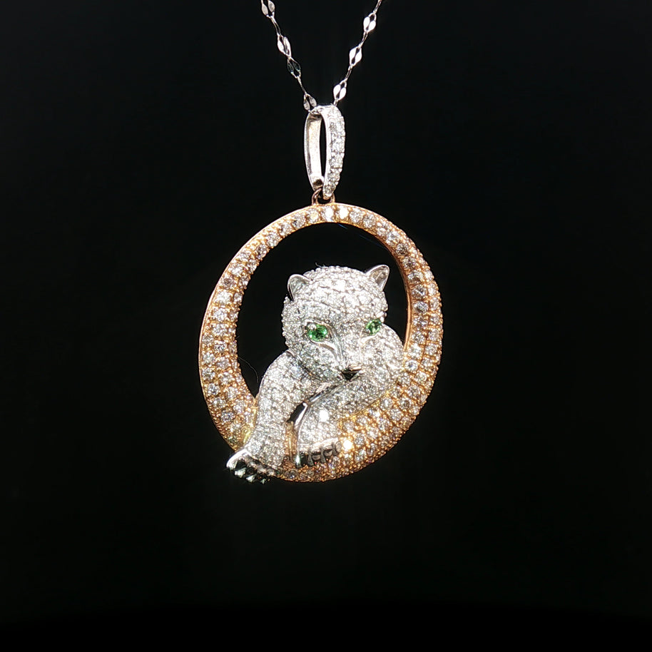18k Rose & White Gold Baby Panther Pendant – 1.65ct Natural Diamonds with 0.04ct Green Garnet Eyes