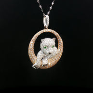 18k Rose & White Gold Baby Panther Pendant – 1.65ct Natural Diamonds with 0.04ct Green Garnet Eyes