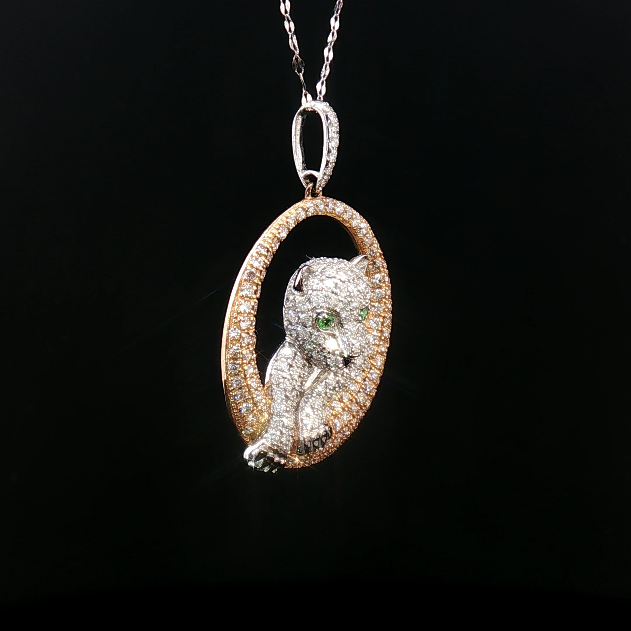 18k Rose & White Gold Baby Panther Pendant – 1.65ct Natural Diamonds with 0.04ct Green Garnet Eyes