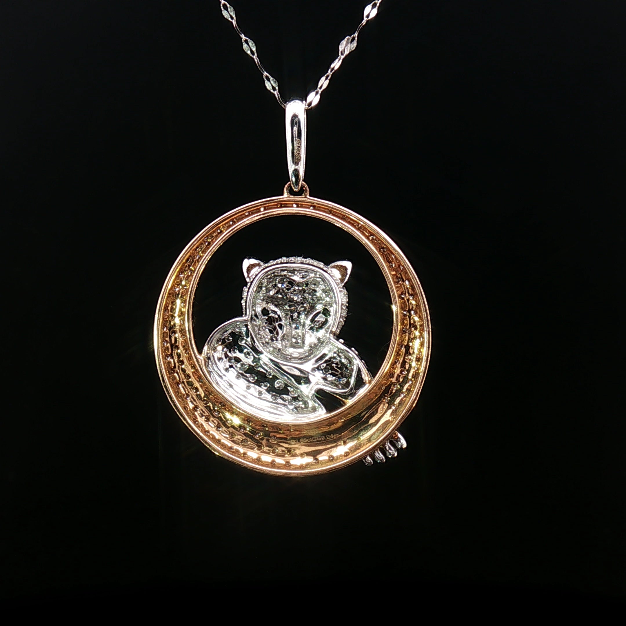 18k Rose & White Gold Baby Panther Pendant – 1.65ct Natural Diamonds with 0.04ct Green Garnet Eyes