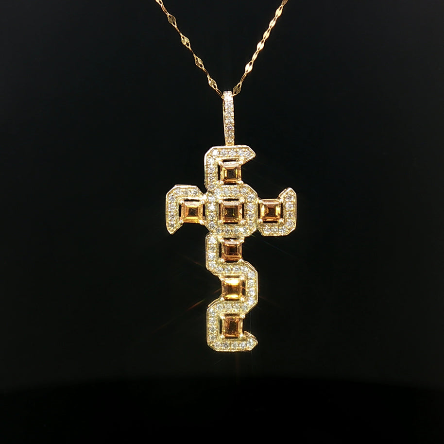 18k Yellow Gold Cross Pendant – 1.35ct Square-Cut Citrine & 0.40ct Natural Brilliant Diamonds
