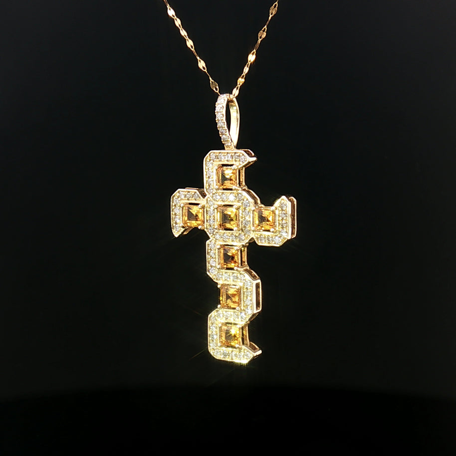 18k Yellow Gold Cross Pendant – 1.35ct Square-Cut Citrine & 0.40ct Natural Brilliant Diamonds