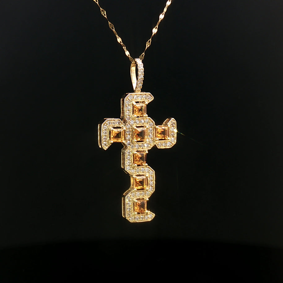 18k Yellow Gold Cross Pendant – 1.35ct Square-Cut Citrine & 0.40ct Natural Brilliant Diamonds