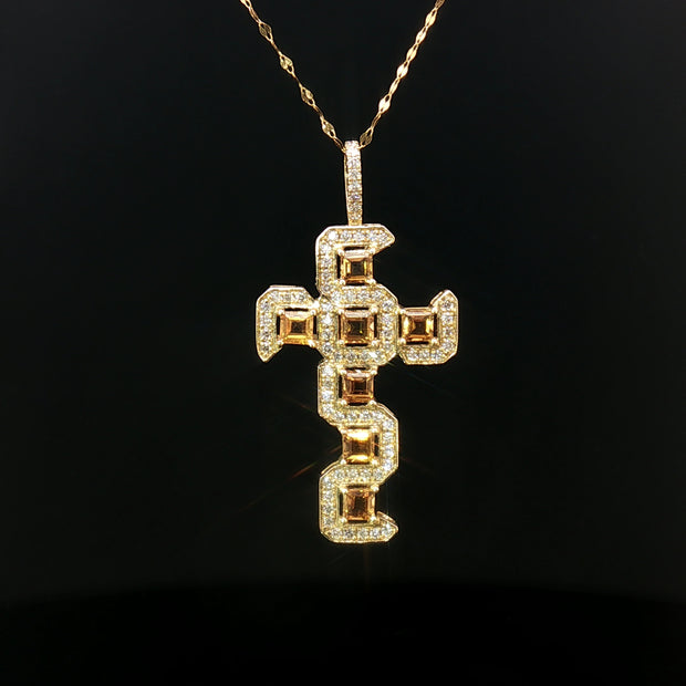 18k Yellow Gold Cross Pendant – 1.35ct Square-Cut Citrine & 0.40ct Natural Brilliant Diamonds