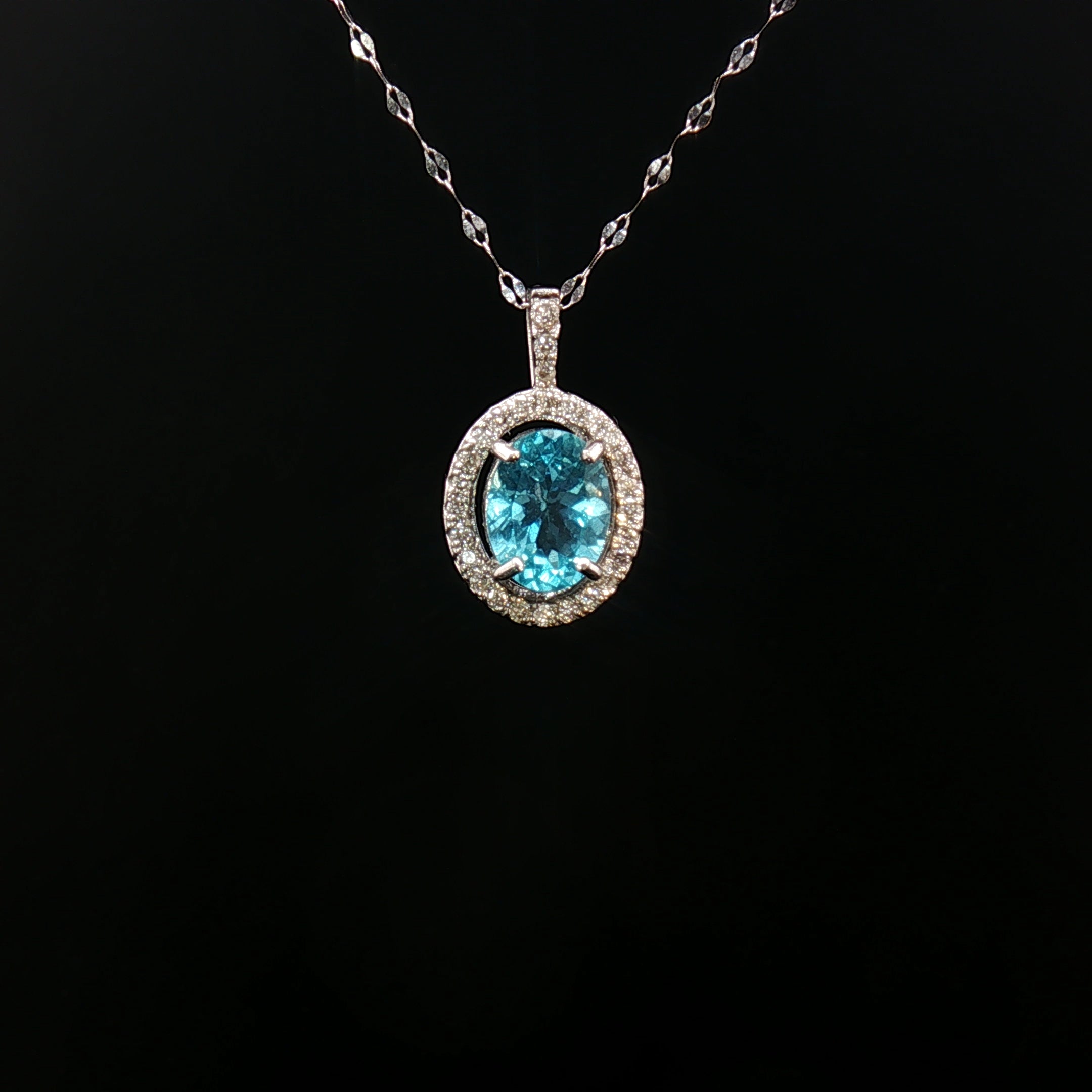 Platinum Pt900 Paraiba Apatite Pendant – 1.30ct Oval Paraiba with 0.15ct Natural Diamond Halo