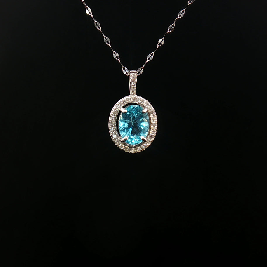 Platinum Pt900 Paraiba Apatite Pendant – 1.30ct Oval Paraiba with 0.15ct Natural Diamond Halo