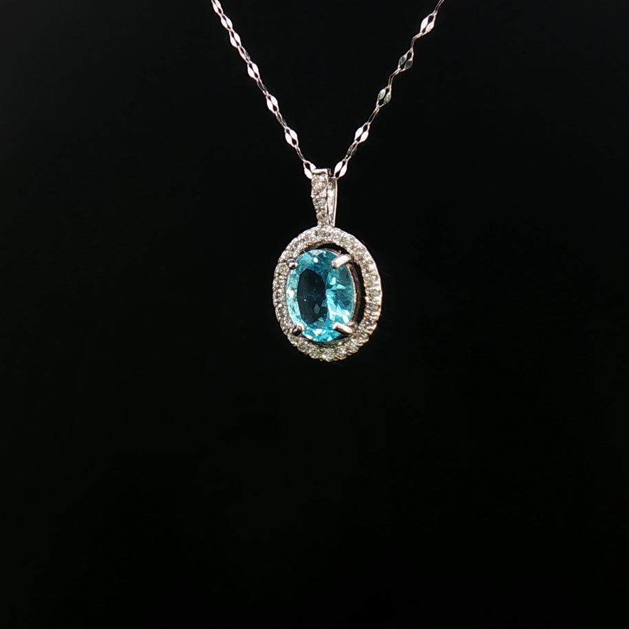 Platinum Pt900 Paraiba Apatite Pendant – 1.30ct Oval Paraiba with 0.15ct Natural Diamond Halo