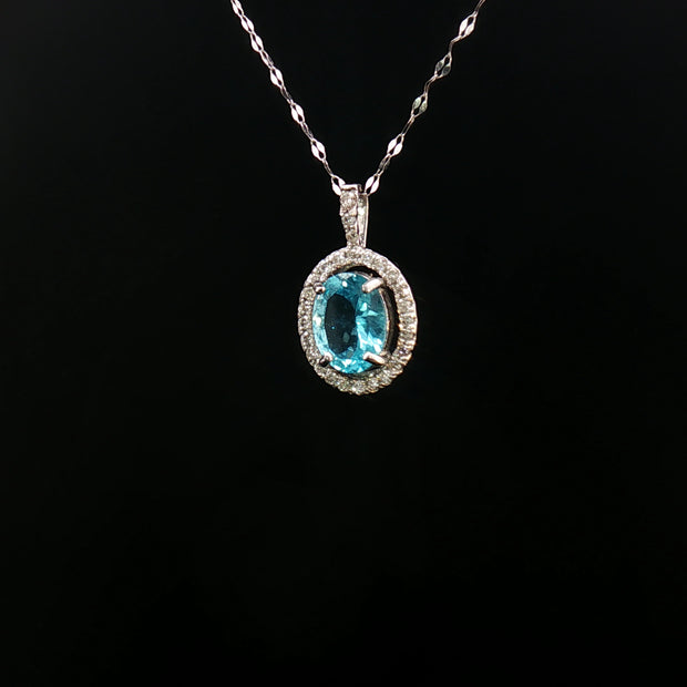 Platinum Pt900 Paraiba Apatite Pendant – 1.30ct Oval Paraiba with 0.15ct Natural Diamond Halo