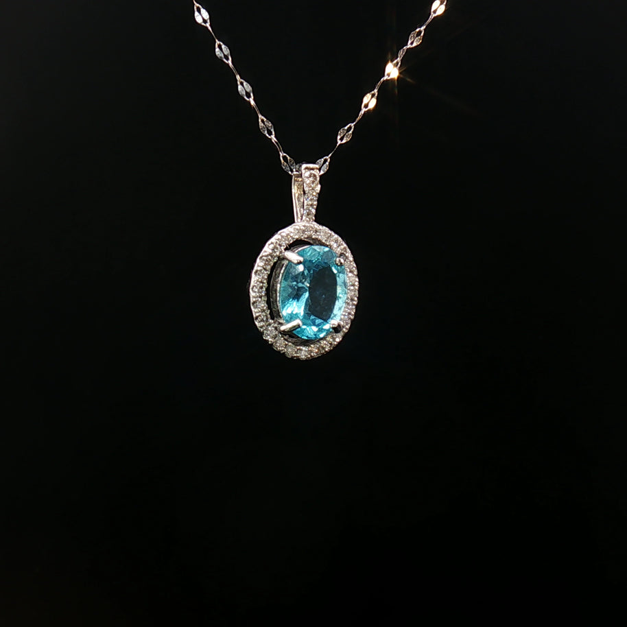 Platinum Pt900 Paraiba Apatite Pendant – 1.30ct Oval Paraiba with 0.15ct Natural Diamond Halo