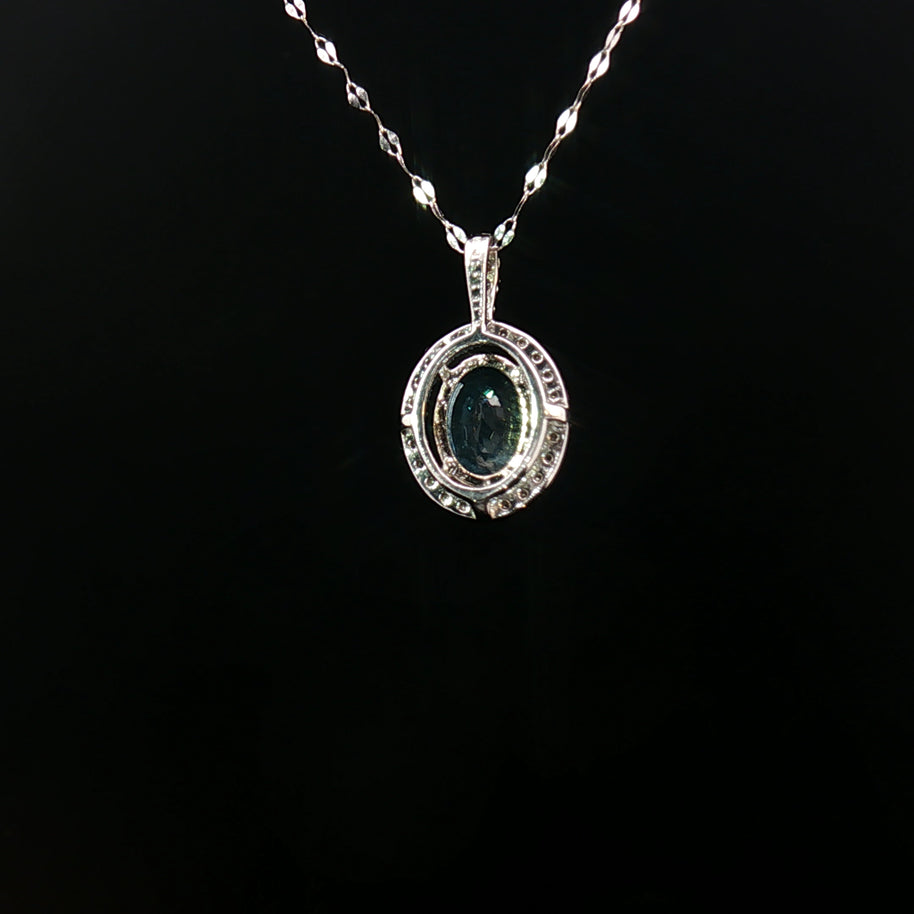 Platinum Pt900 Paraiba Apatite Pendant – 1.30ct Oval Paraiba with 0.15ct Natural Diamond Halo