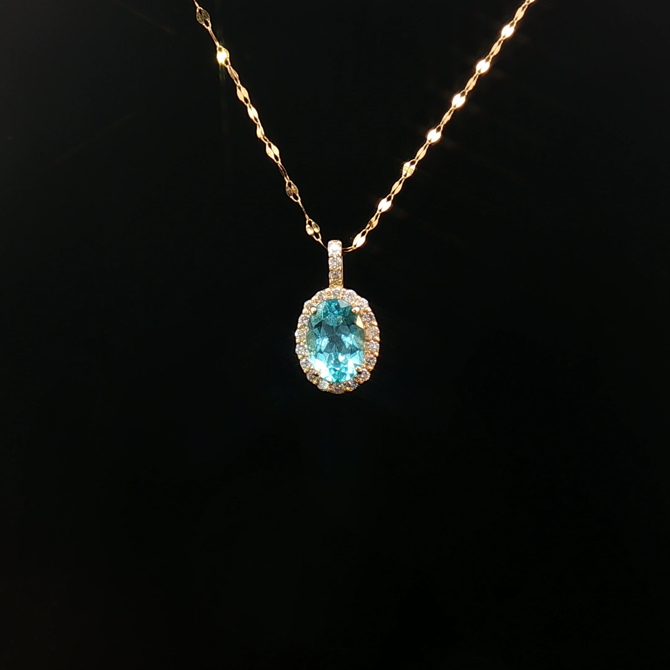 18k Yellow Gold Oval Paraiba Apatite Pendant – 0.90ct Paraiba with 0.10ct Natural Diamond Halo