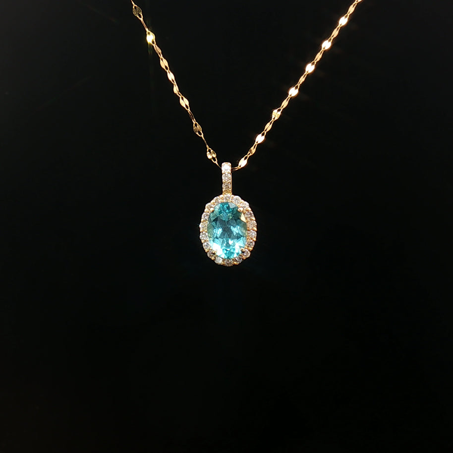 18k Yellow Gold Oval Paraiba Apatite Pendant – 0.90ct Paraiba with 0.10ct Natural Diamond Halo