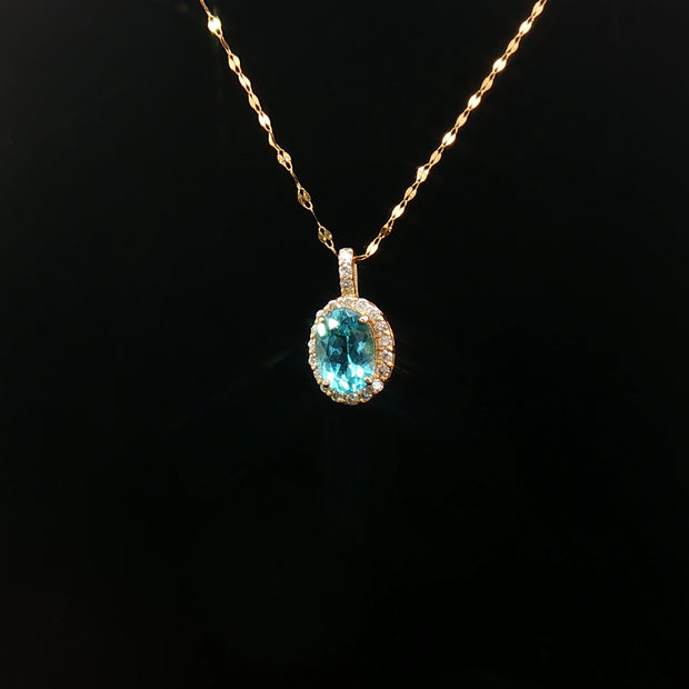 18k Yellow Gold Oval Paraiba Apatite Pendant – 0.90ct Paraiba with 0.10ct Natural Diamond Halo