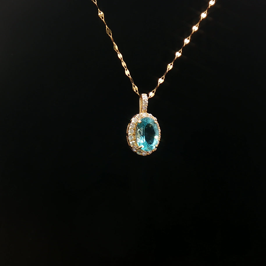 18k Yellow Gold Oval Paraiba Apatite Pendant – 0.90ct Paraiba with 0.10ct Natural Diamond Halo