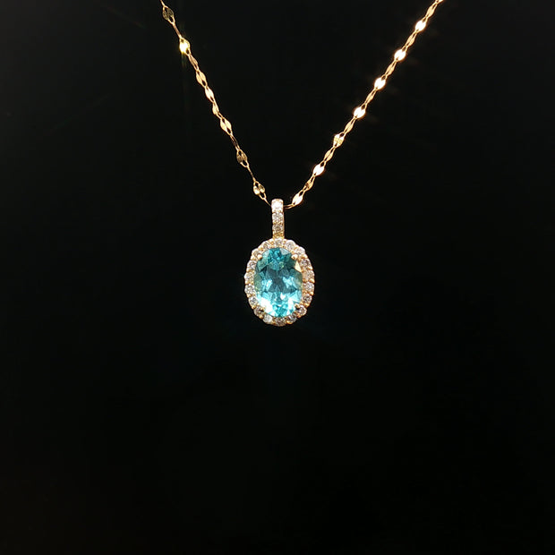 18k Yellow Gold Oval Paraiba Apatite Pendant – 0.90ct Paraiba with 0.10ct Natural Diamond Halo