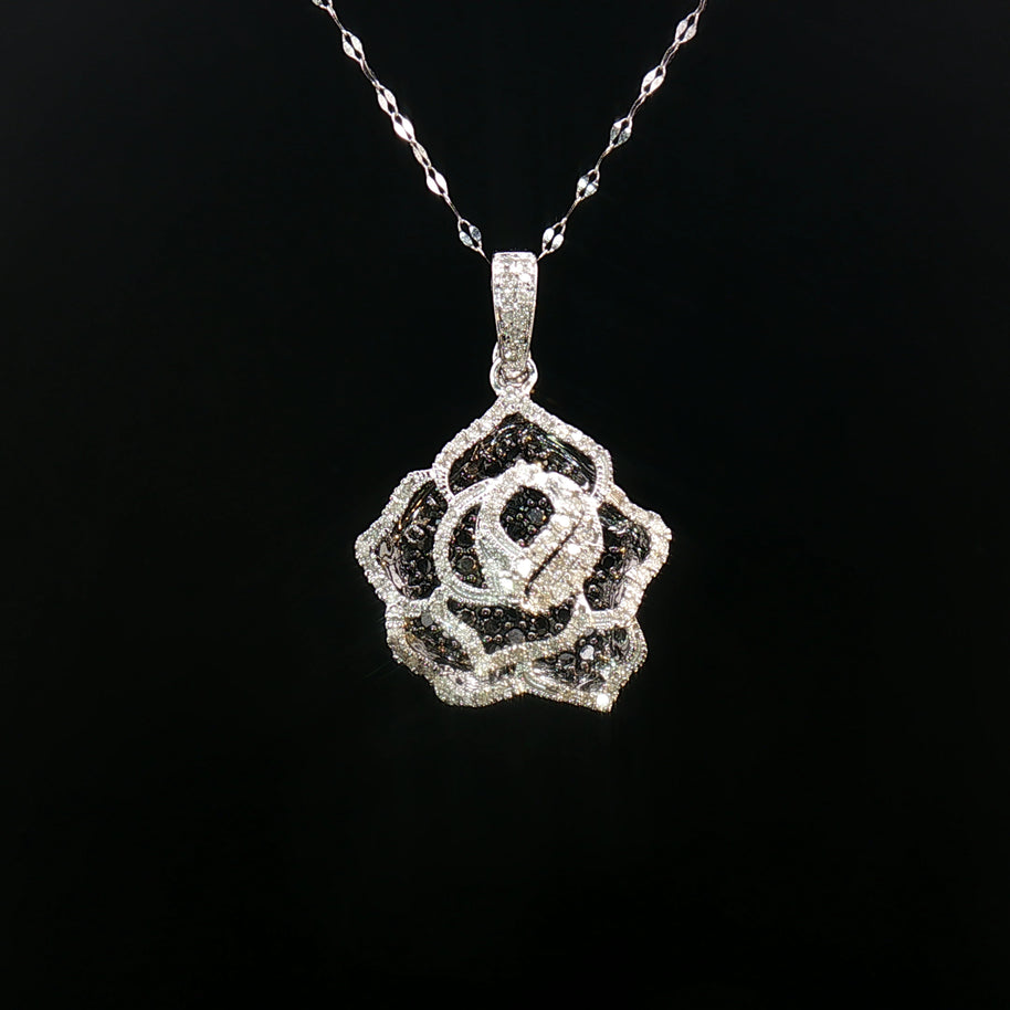 18k White Gold Floral Diamond Pendant – 1.00ct Natural Black & White Brilliant-Cut Diamonds