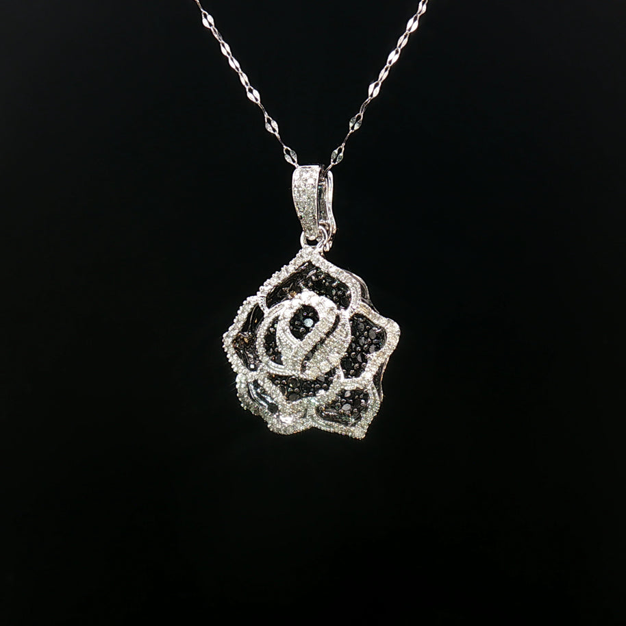 18k White Gold Floral Diamond Pendant – 1.00ct Natural Black & White Brilliant-Cut Diamonds