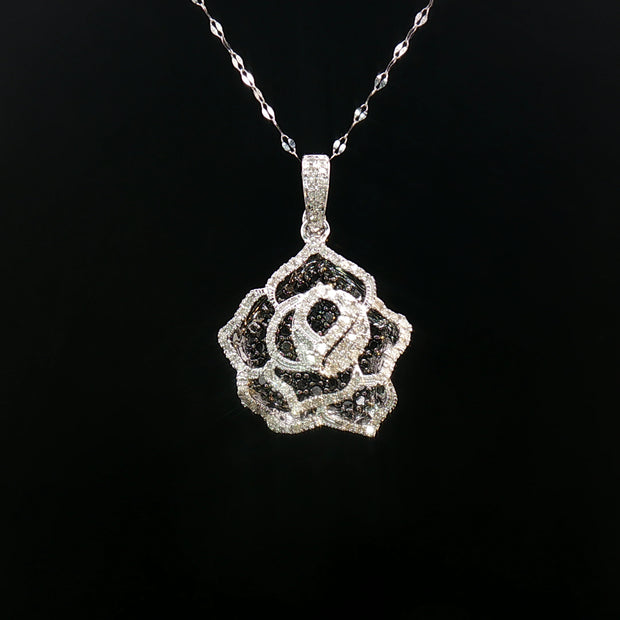18k White Gold Floral Diamond Pendant – 1.00ct Natural Black & White Brilliant-Cut Diamonds