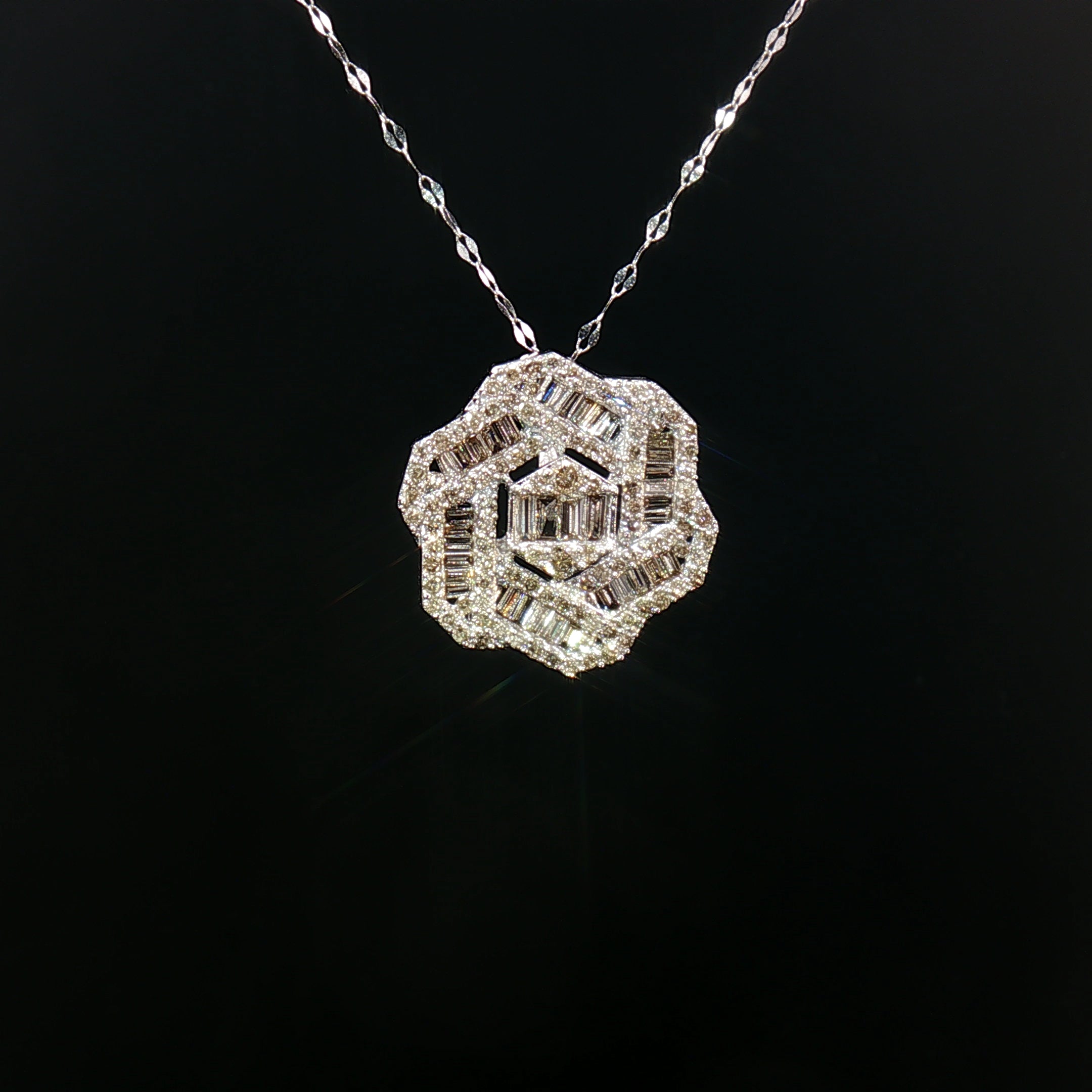18k White Gold Hexagon Diamond Pendant – 1.00ct Natural Round & Baguette Brilliant Diamonds