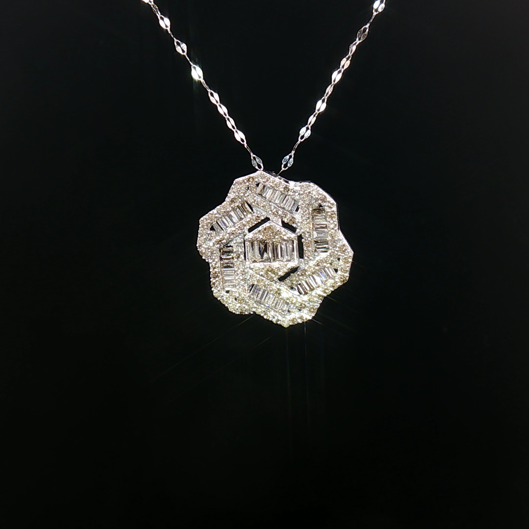 18k White Gold Hexagon Diamond Pendant – 1.00ct Natural Round & Baguette Brilliant Diamonds