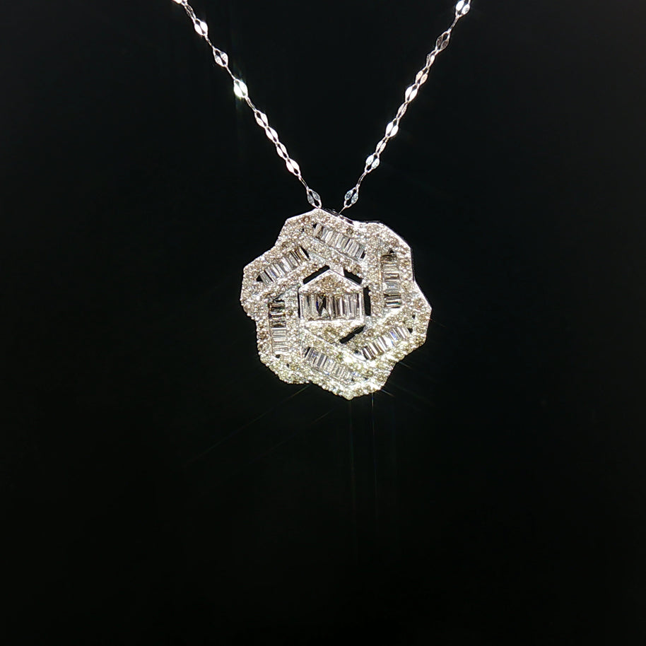 18k White Gold Hexagon Diamond Pendant – 1.00ct Natural Round & Baguette Brilliant Diamonds