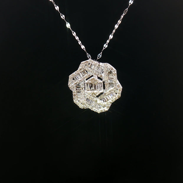 18k White Gold Hexagon Diamond Pendant – 1.00ct Natural Round & Baguette Brilliant Diamonds