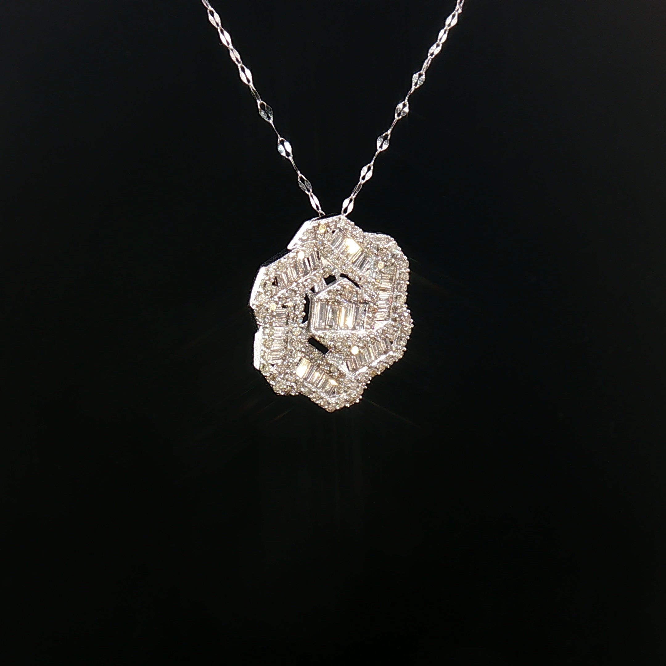18k White Gold Hexagon Diamond Pendant – 1.00ct Natural Round & Baguette Brilliant Diamonds