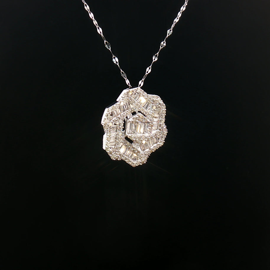 18k White Gold Hexagon Diamond Pendant – 1.00ct Natural Round & Baguette Brilliant Diamonds
