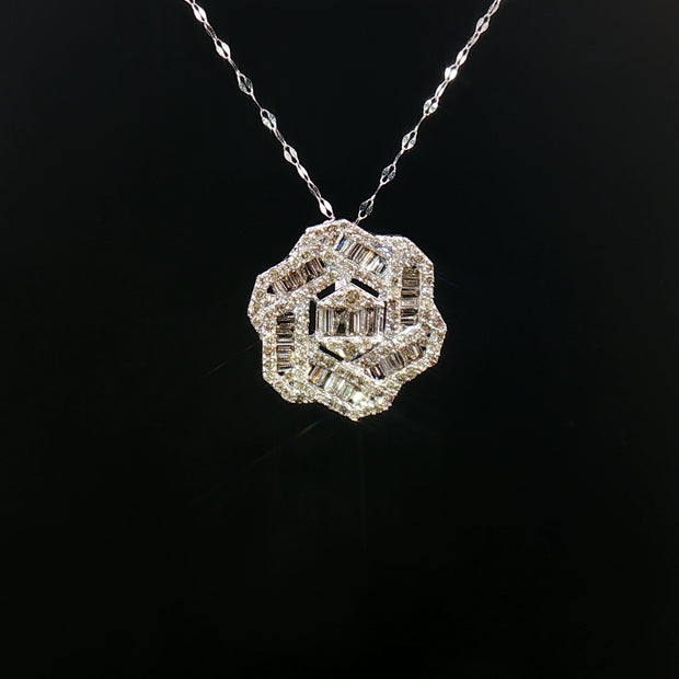 18k White Gold Hexagon Diamond Pendant – 1.00ct Natural Round & Baguette Brilliant Diamonds