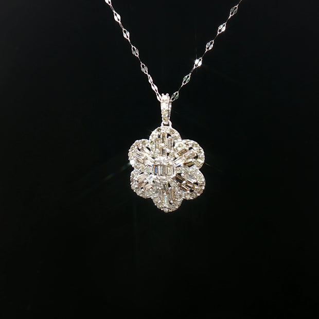 18k White Gold Flower Diamond Pendant – 1.00ct Natural Round & Baguette Brilliant Diamonds