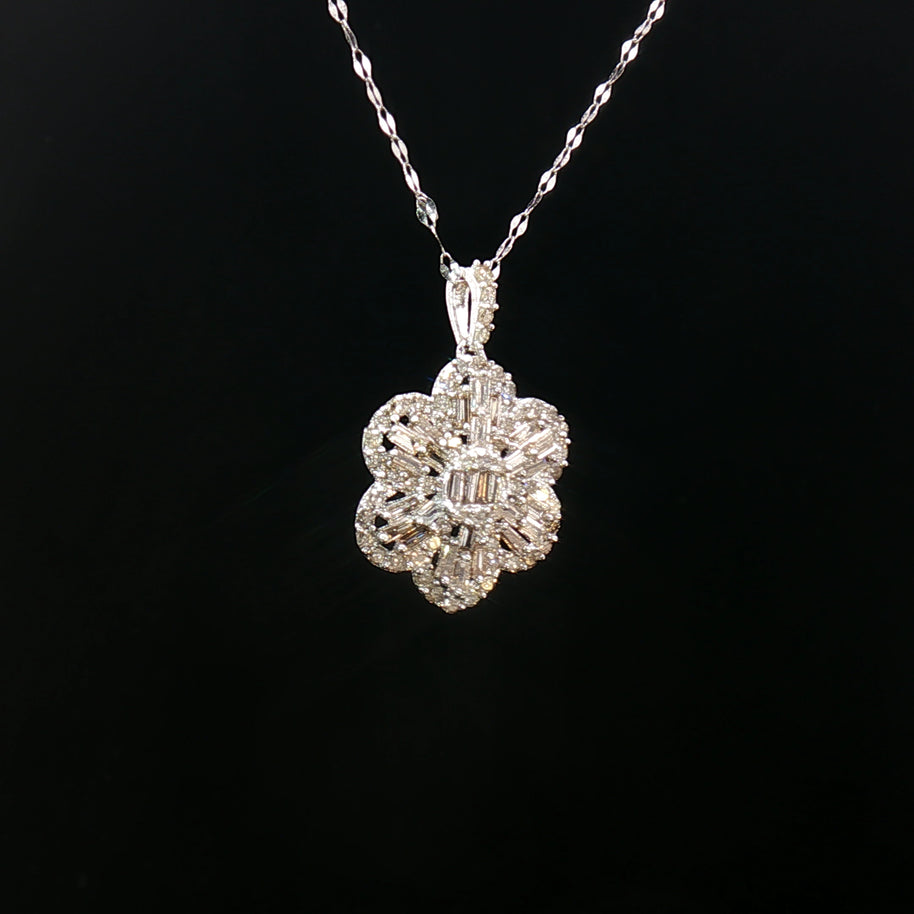 18k White Gold Flower Diamond Pendant – 1.00ct Natural Round & Baguette Brilliant Diamonds