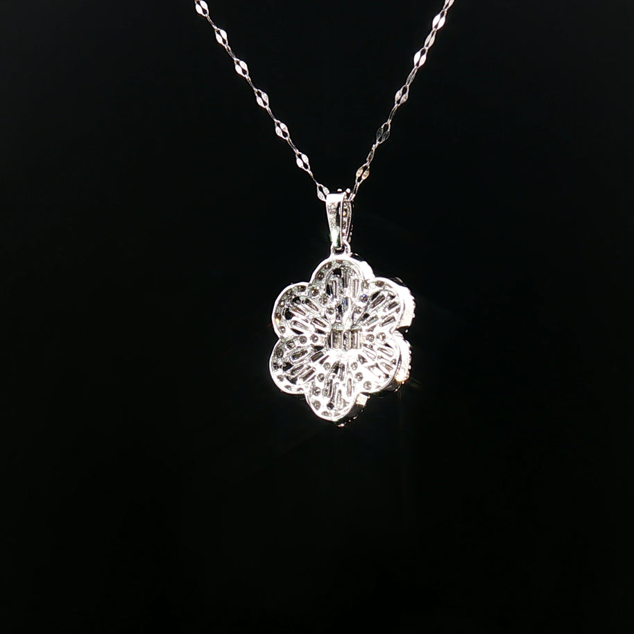 18k White Gold Flower Diamond Pendant – 1.00ct Natural Round & Baguette Brilliant Diamonds