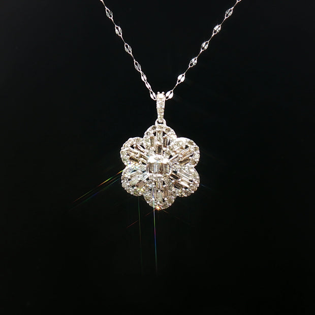 18k White Gold Flower Diamond Pendant – 1.00ct Natural Round & Baguette Brilliant Diamonds